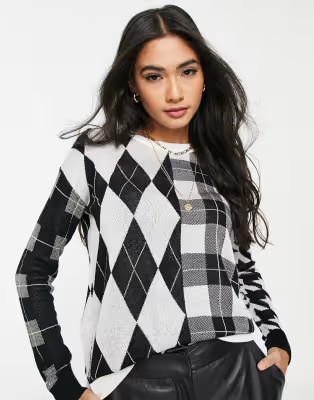 Gianni Feraud mixed argyle jumper in black and white | ASOS (Global)