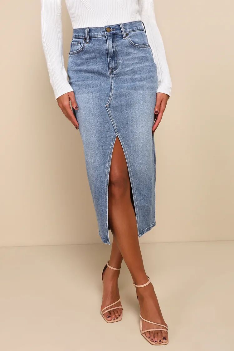 Uniquely Trendsetting Medium Wash High Rise Denim Midi Skirt | Lulus