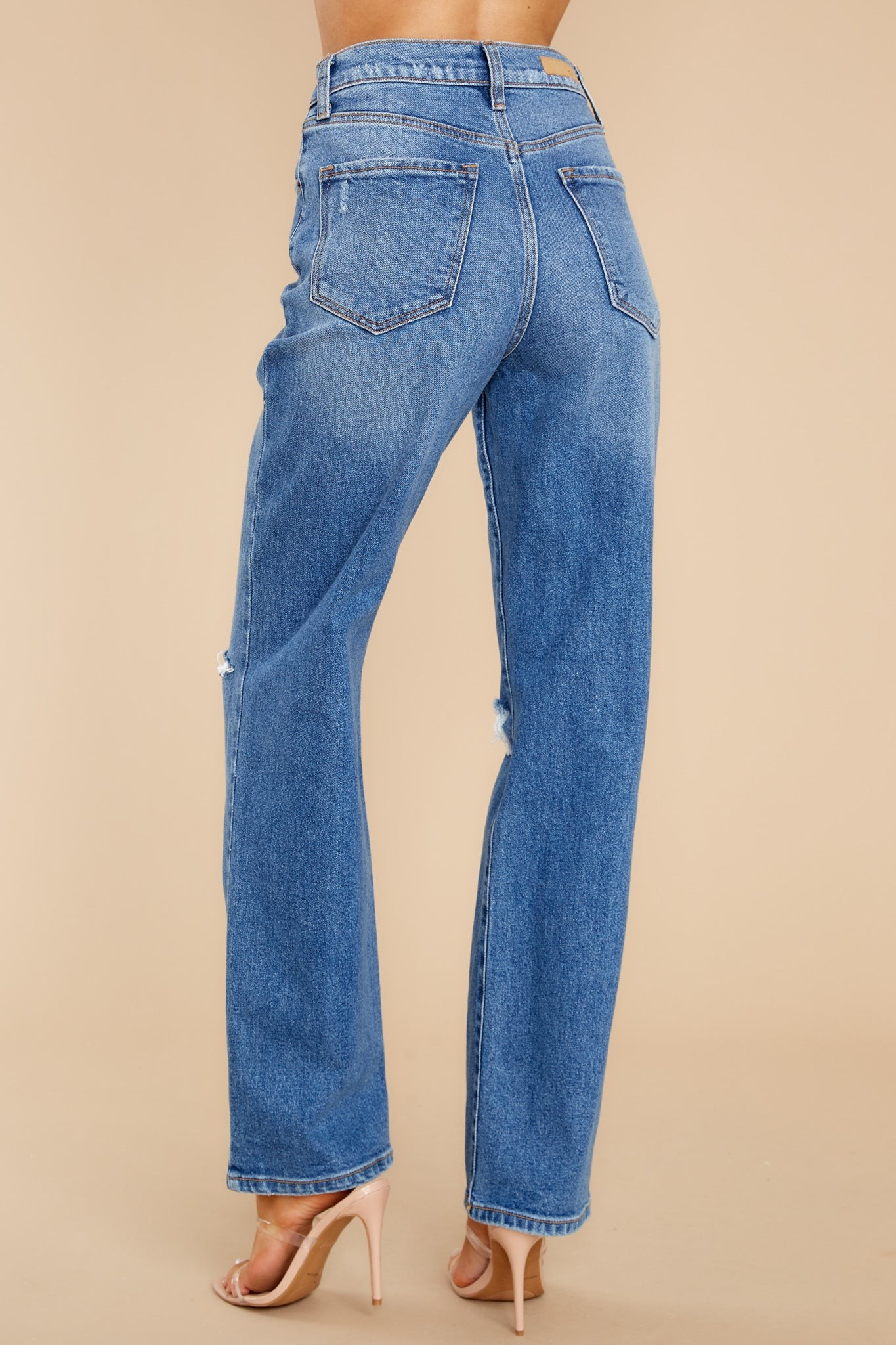 Strike Back Medium Wash Distressed Straight Jeans | Red Dress 