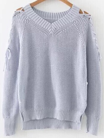 Purple V Neck Lace Up Sleeve High Low Sweater | Romwe