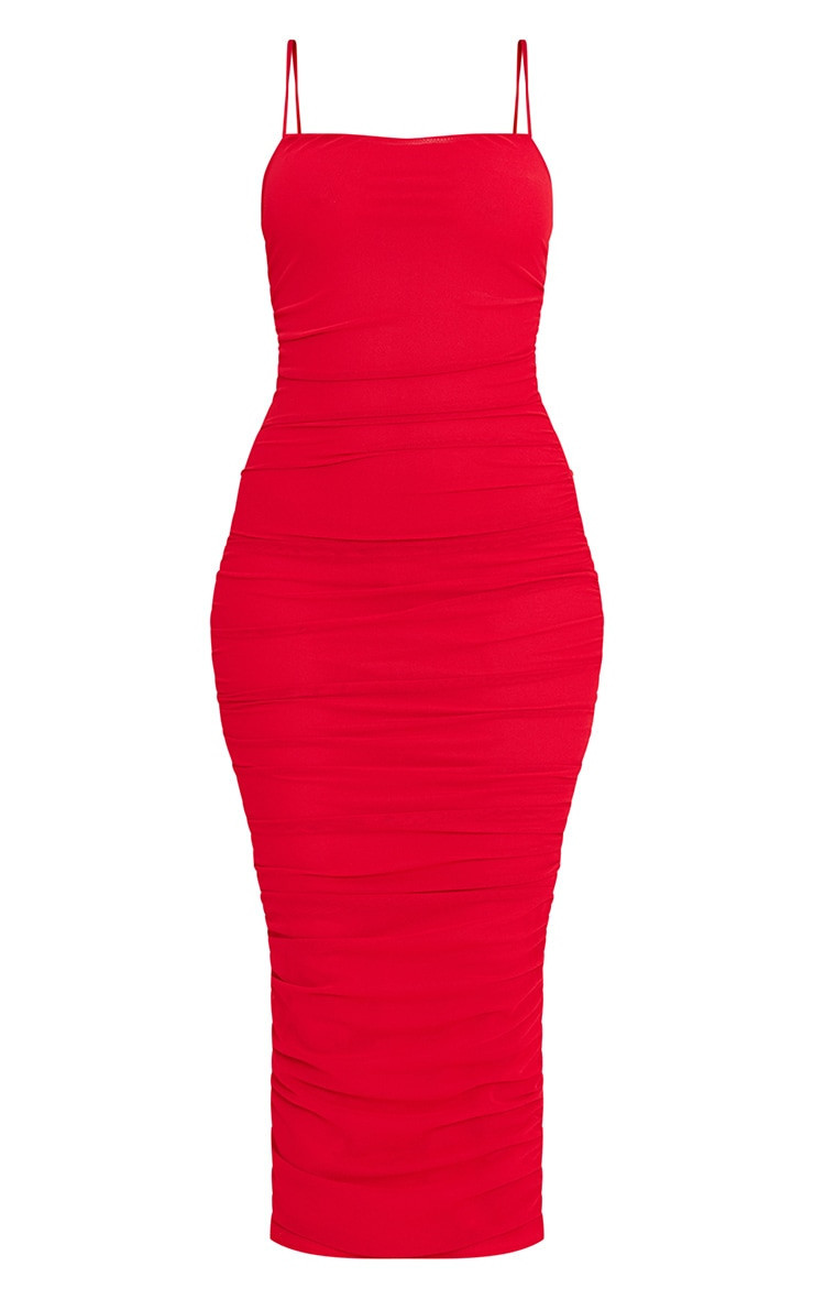 Tall Red Mesh Ruched Midi Dress | PrettyLittleThing US