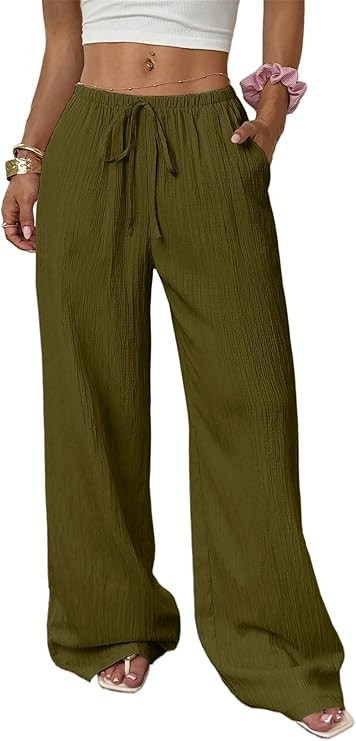 Wide Leg Palazzo Pants for Women Summer Flowy Drawstring Elastic Waist Trousers with Pockets Beac... | Amazon (UK)
