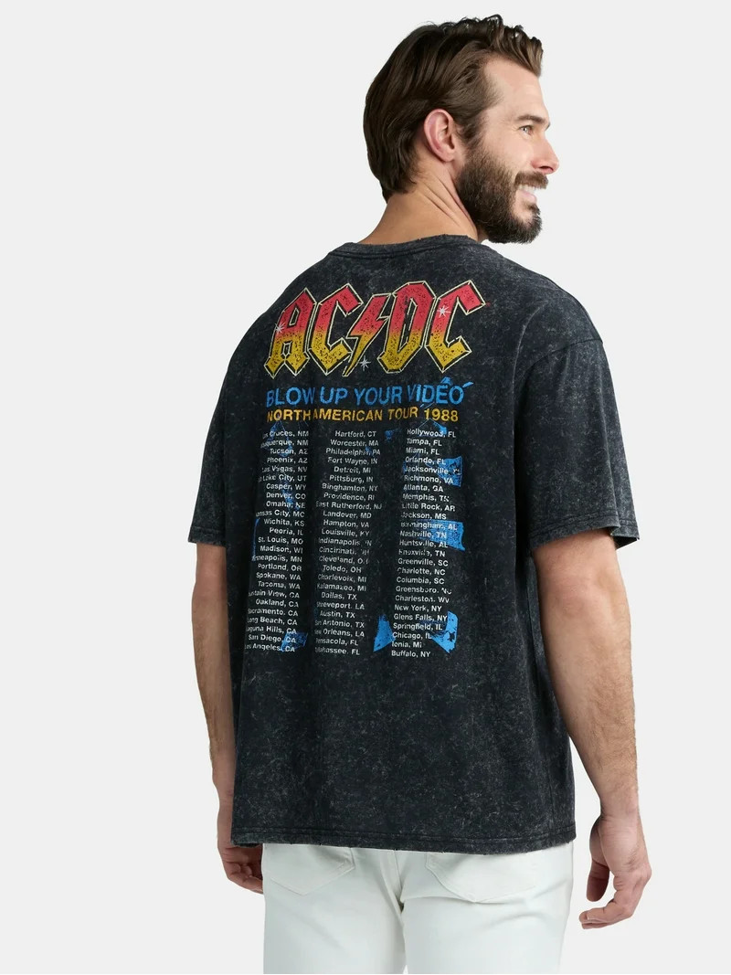 AC/DC Men's & Big Men's Mineral Wash Oversized Graphic Band Tee, Sizes XS-3XL | Walmart (US)