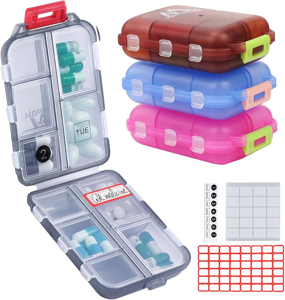 4PS Travel Pill Organizer with 164 Slice Labels，10 Compartments Travel Pill Box Portable Foldin... | Amazon (US)