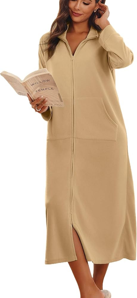 Ekouaer Women Zipper Robe Long Sleeves House Coat Soft Bathrobe Sleepwear with Pockets Housecoat ... | Amazon (US)