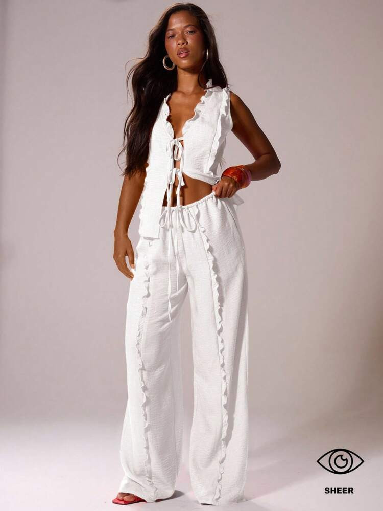 MUSERA Drawstring Waist Linen Look Frill Trim Wide Leg Casual Trousers Ibiza Sexy Vacation Holida... | SHEIN