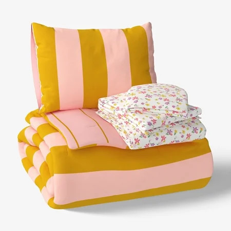 Mainstays Kids Pink and Yellow Stripe Reversible Comforter Set with Sheets, Twin, 5 Pieces | Walmart (US)
