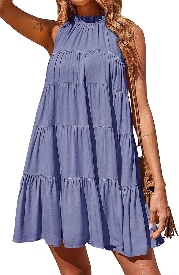 Okiwam Womens Summer Dresses 2025 Halter Sleeveless A Line Tiered Swing Sundress Casual Beach Vac... | Amazon (US)