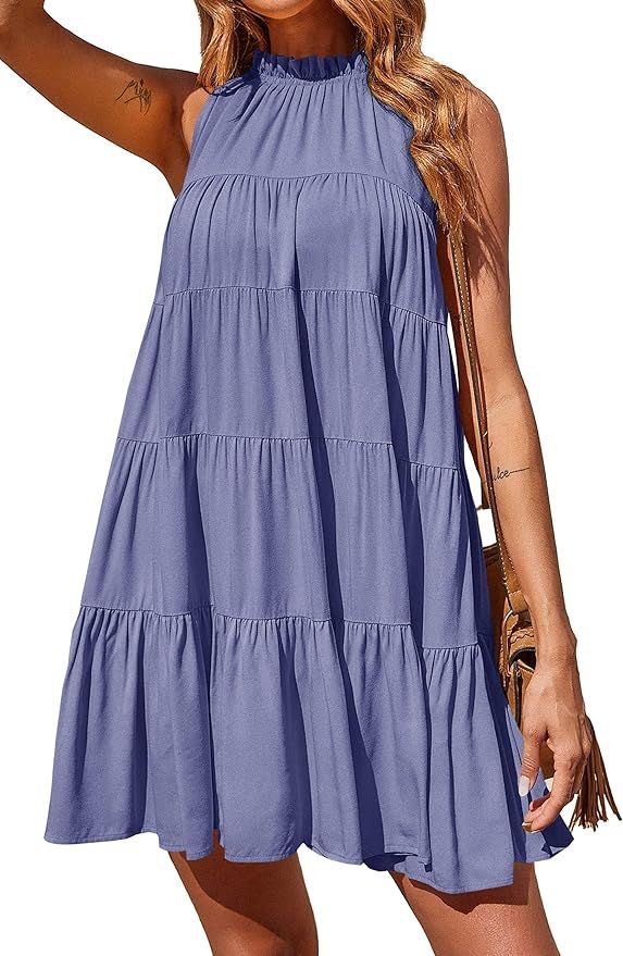 Okiwam Women Summer Casual 2024 Sleeveless Halter Dress Ruffle Flowy Boho Sun Dress Loose Swing P... | Amazon (US)