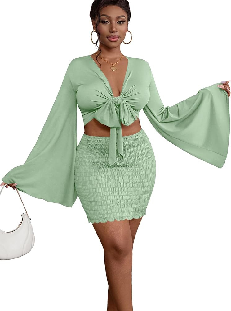 LYANER Women 2 Piece Vacation Outfits Tie Knot Front Bell Long Sleeve Crop Top and Mini Skirt Sum... | Amazon (US)