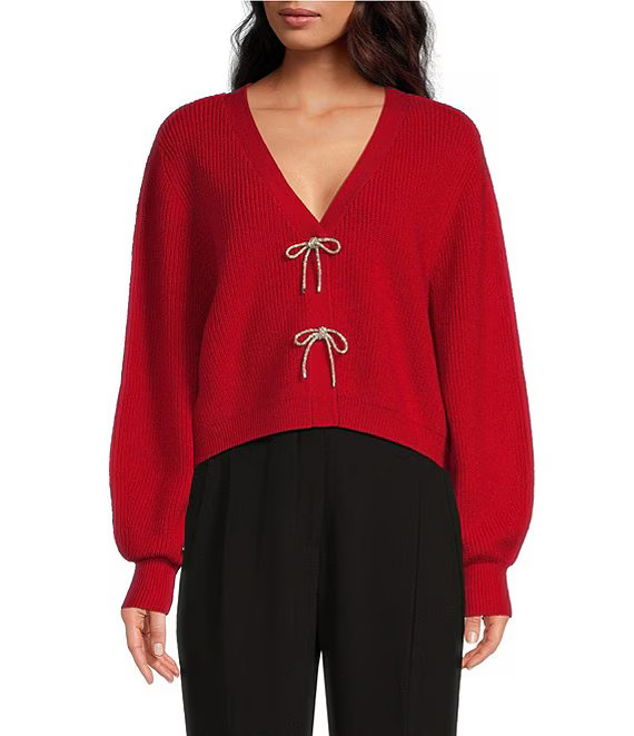 Wool Blend Sweater Knit Rhinestone Bow V-Neck Long Sleeve Cardigan | Dillard's