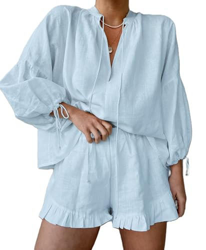 Mxiqqpltky Linen Shorts Sets Women 2 Piece Outfits Long Sleeve Tie Front Tops and Ruffled Boxer Shorts Matching Lounge Sets(Blue,Medium) | Amazon (US)