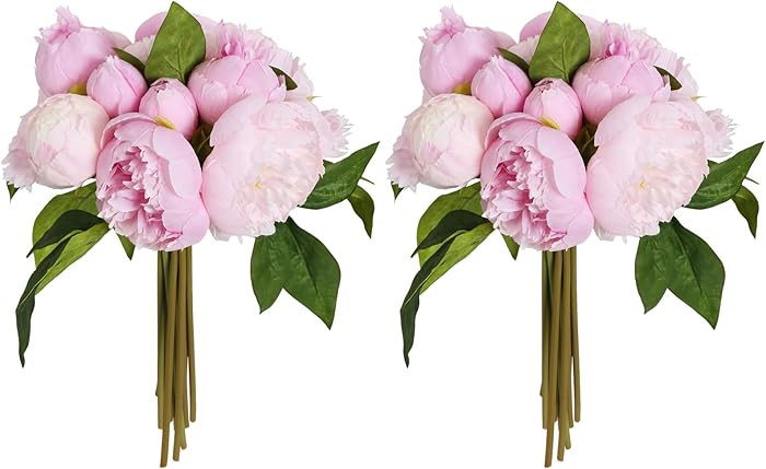 Pink Peonies Silk Flowers 2 Bouquets Pink Fake Peonies 14 Heads Faux Peony Flowers with Stems for... | Amazon (US)