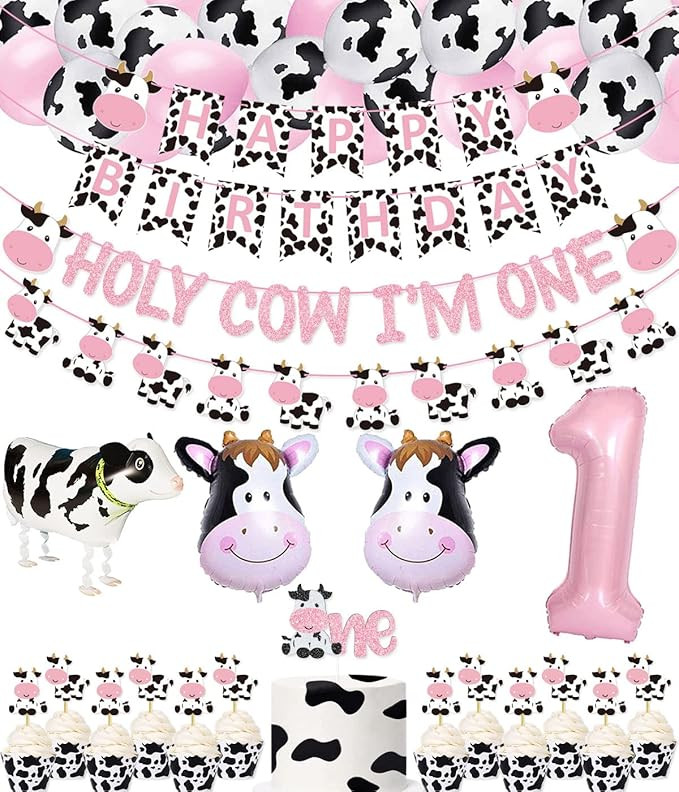 62 Packs Cow 1st Birthday Party Kit Holy Cow I'm One Banner Happy Birthday Banner One Cake Topper... | Amazon (US)