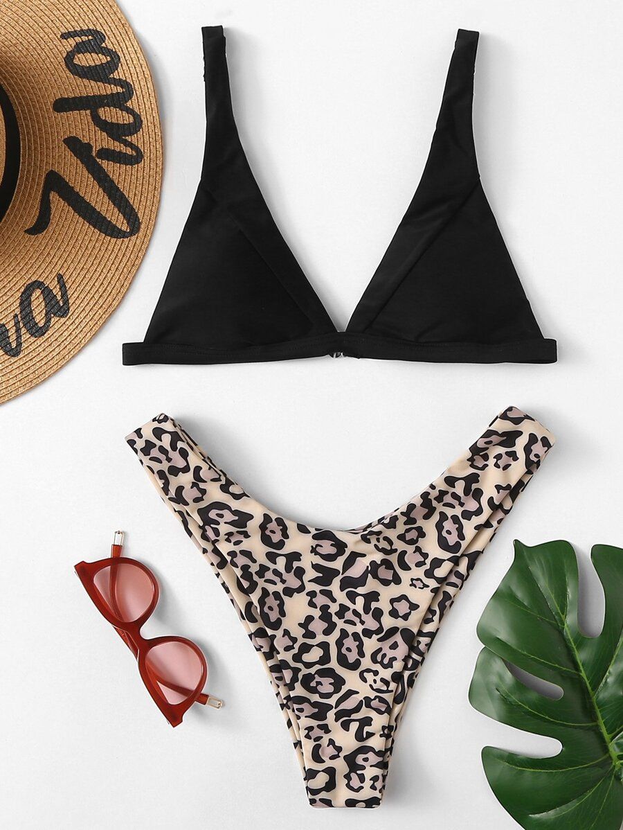 Triangle Top With Leopard Print High Leg Bikini | SHEIN