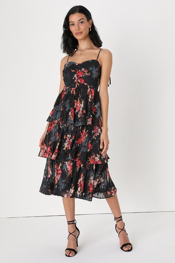 Tier to Stay Black Floral Print Tiered Tie-Strap Midi Dress | Lulus (US)