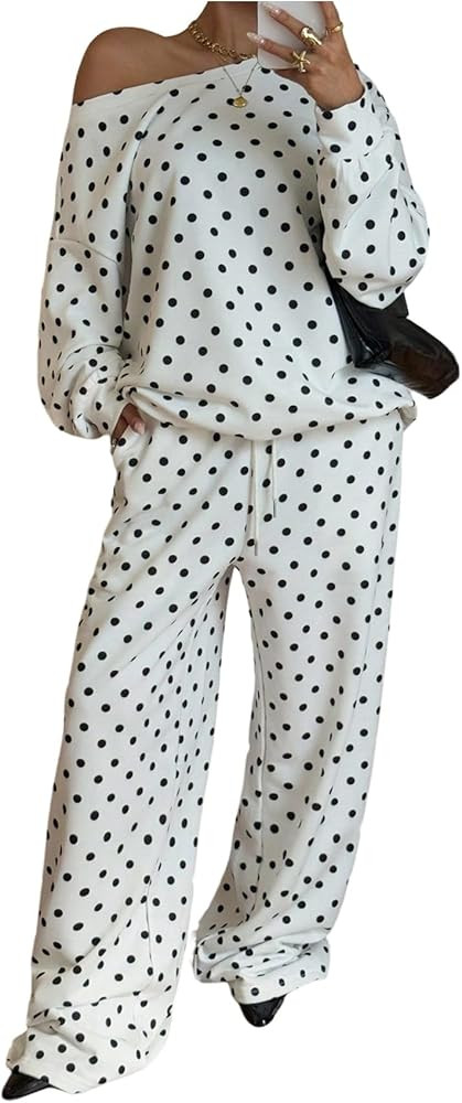 Verdusa Women's Polka Dot Sweat Set 2 Piece Off Shoulder Oversized Sweatshirt with Sweatpants Air... | Amazon (US)