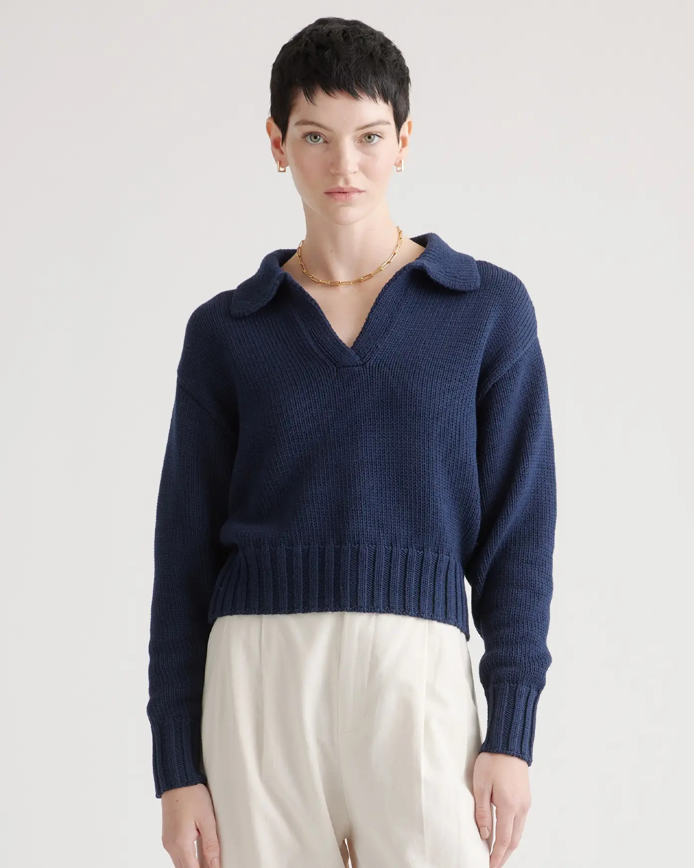 100% Organic Cropped Cotton Polo Sweater in Navy | Quince