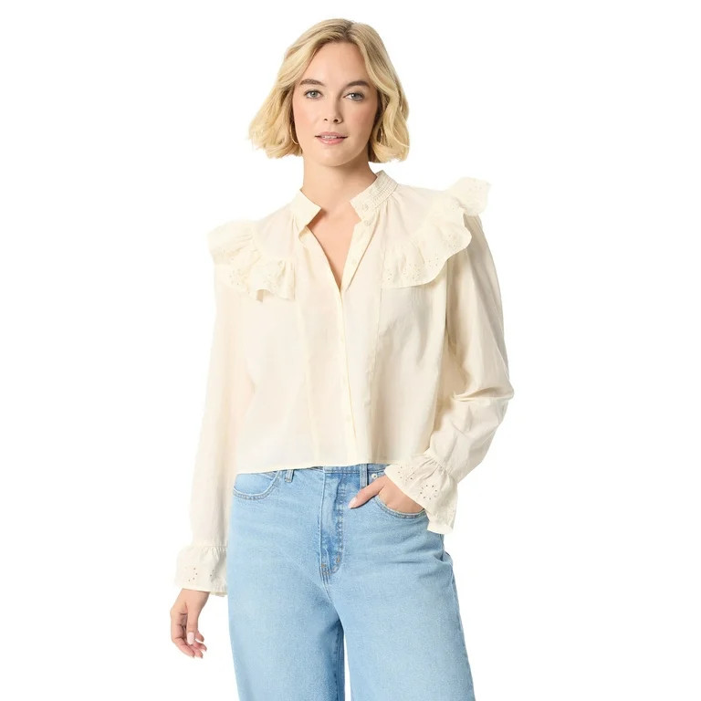 Jessica Simpson Women's and Women's Plus Arista Ruffle Long Sleeve Shirt, Sizes XS-5X | Walmart (US)