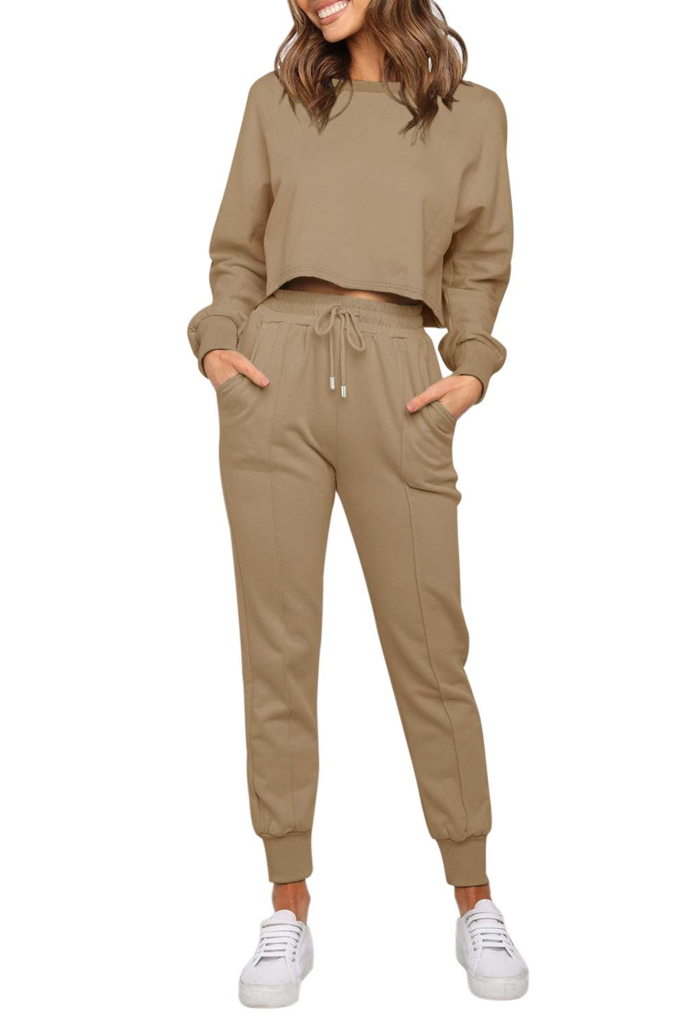 Women's Long Sleeve Crop Top and Pants Pajama Sets 2 Piece Jogger Long Sleepwear Loungewear Pjs S... | Amazon (US)
