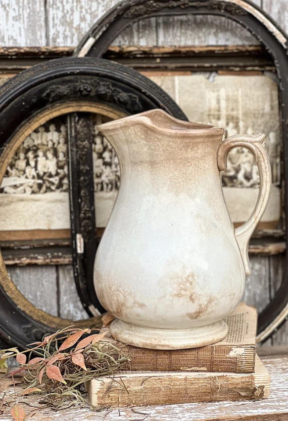 Antique White Ironstone PITCHER Jug Creamy White Farmhouse Decor Grungy Crazing Crazed Stained RA... | Etsy (US)