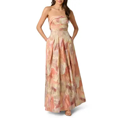Aidan Mattox Strapless Floral Print Metallic Jacquard Gown in Coral Multi at Nordstrom, Size 6 | Nordstrom