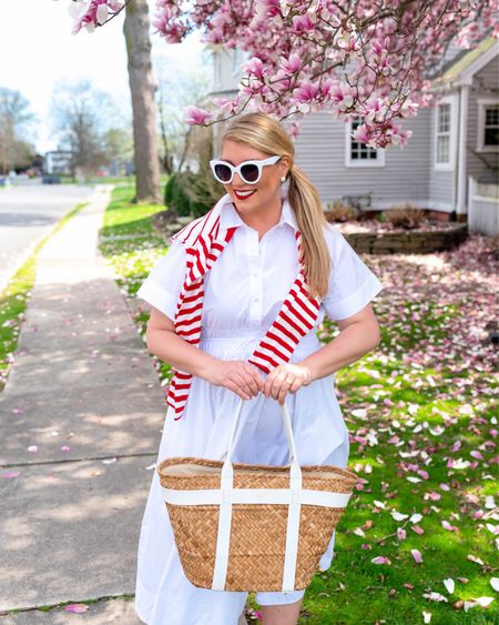 My favorite spring & summer color combo ❤️ + 🤍…this white tie waist midi shirtdress and gorgeous alone,  but I love it paired with this striped red and white top (linking a favorite). Linking the outfit details here with bag, shoes, and sunnies too.

#LTKitbag #LTKsalealert #LTKover40
