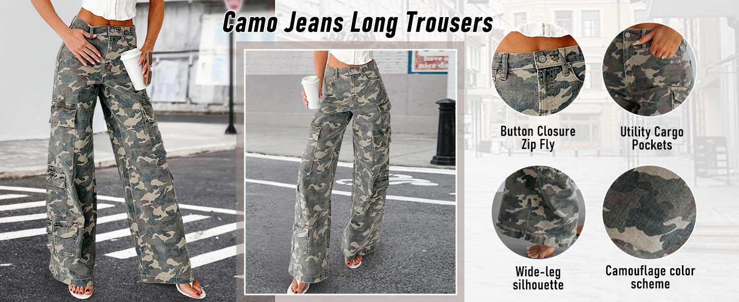 loveimgs Women Casual Camo Print Denim Pants Y2k Wide Leg Cargo Jeans Flare Distressed Camouflage... | Amazon (US)