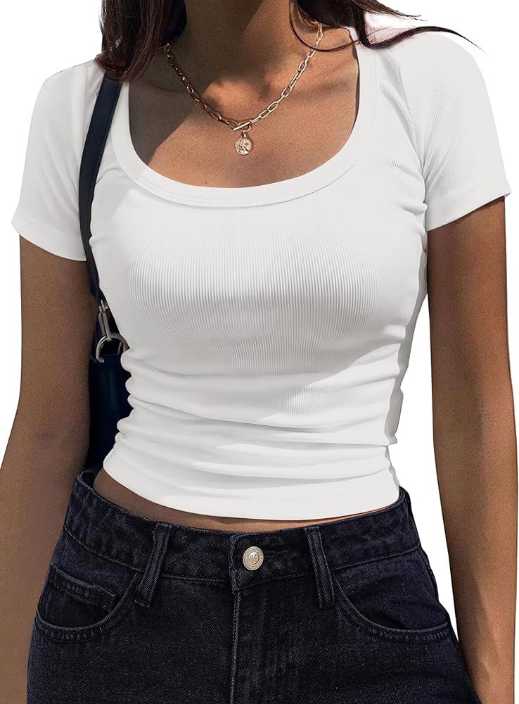 Zeagoo Women's Short Sleeve T Shirts Casual Summer Basic Scoop Neck Slim Fit Rib Knit Business Wo... | Amazon (US)