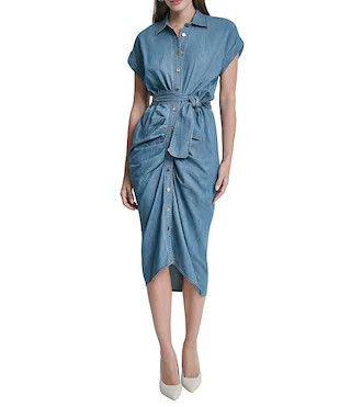 DKNY By Donna Karan Short Sleeve Ruched Skirt Hi-Low Hem Chambray Midi Shirt Dress | Dillard's | Dillard's