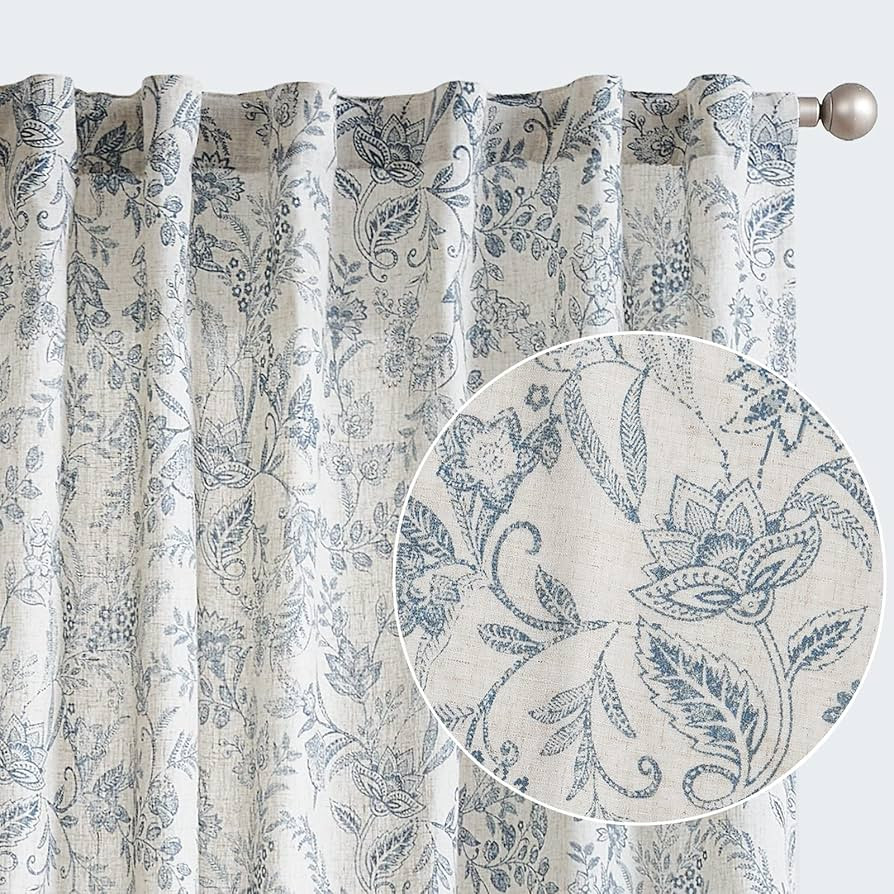 Lazzzy Blue Floral Linen Curtains Farmhouse Curtains 96 Inches Long Back Tab Drapes for Living Ro... | Amazon (US)