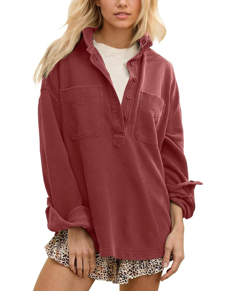 Gacaky Sweatshirt for Women Oversized Casual Long Sleeve Polo V Neck Split Pullover Tops Fashion ... | Amazon (US)