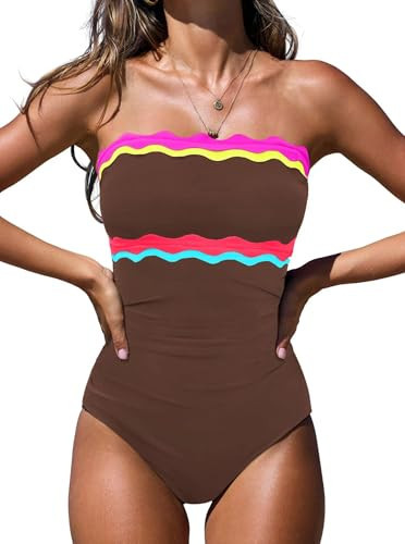 popvil Strapless Tummy Control One Piece Swimsuits for Women 2026 Neon Bandeau Bathing Suits, Brown, Large | Amazon (US)