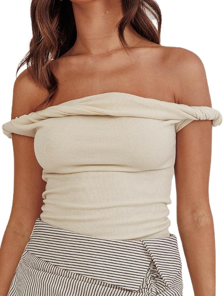 KMBANGI Women Off Shoulder Top Sleeveless Twist Strap Tank Tops Slim Fit Stretch Ruched Crop Top ... | Amazon (US)