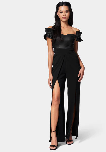 Vegan Leather Off Shoulder Wide Leg Jumpsuit | Bebe