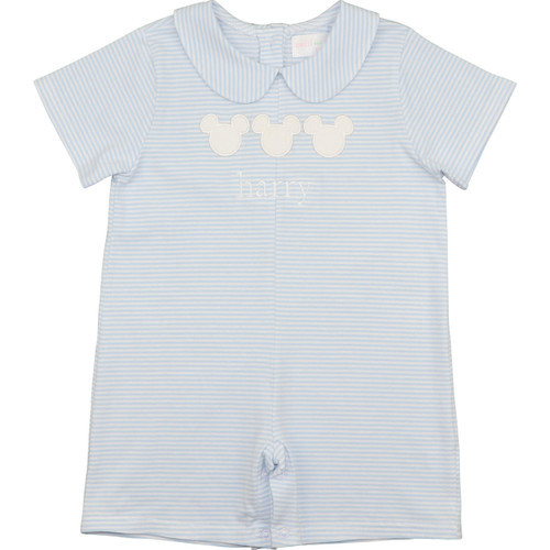 Blue Stripe Knit Applique Mouse Ears Short Romper | Cecil and Lou