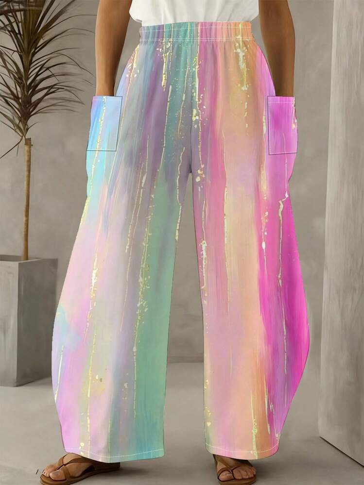 Women's High-Waisted Wide-Leg Trousers With Gradient Gilded Print - Loose Slim-Fit Floor-Length P... | SHEIN