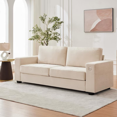 Jojoka 90" Loveseat Sofa, Chenille Upholstered Sofa with USB Charging Ports & Side Pockets, Wood Frame for Living Room, Bedroom, Beige | Target