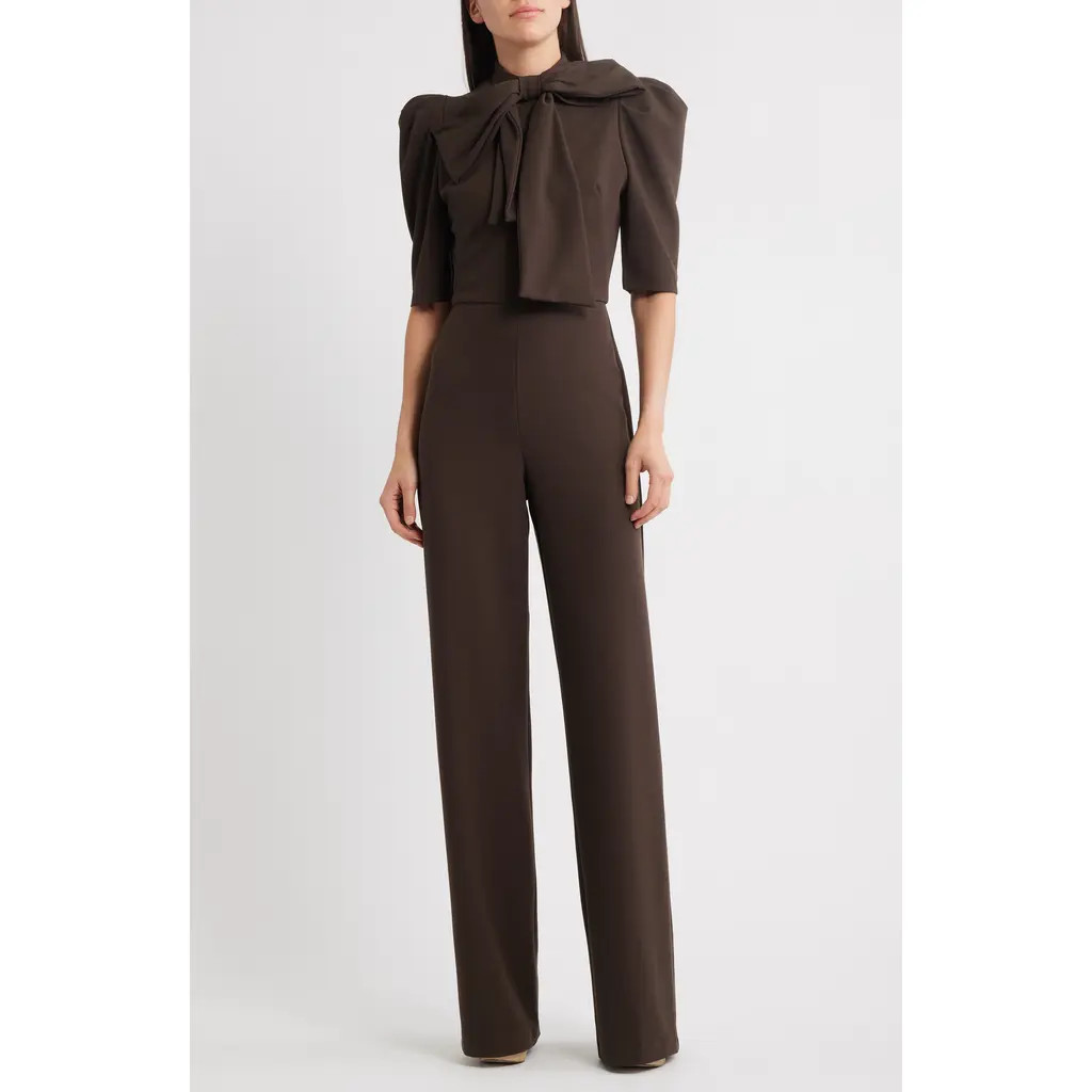 Black Halo Ara Tie Neck Puff Sleeve Jumpsuit in Espresso at Nordstrom, Size 8 | Nordstrom