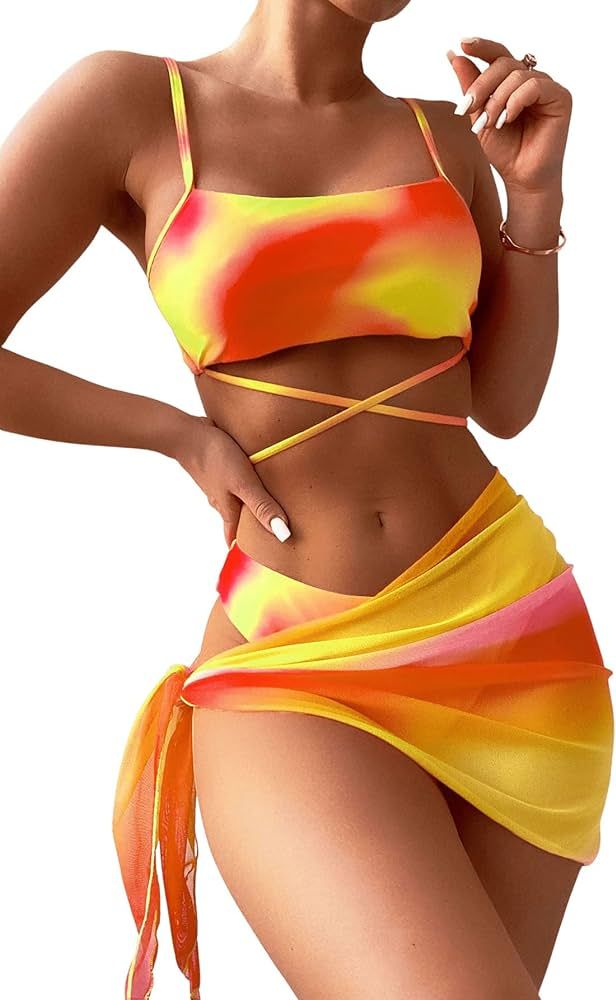 SweatyRocks Women's 3 Piece Gradient Tie Dye Bathing Suit Lace Up High Cut Bikini with Beach Skir... | Amazon (US)