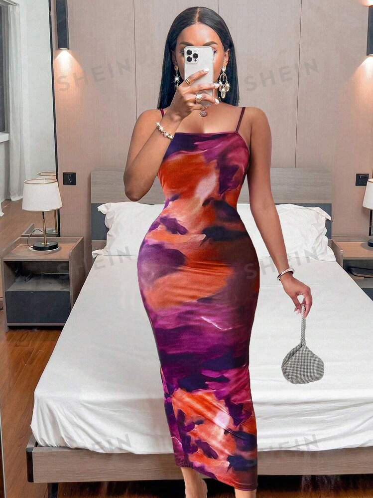 TrendsSHEIN Privé Tie-Dyed Bodycon Dress With Side Slit And Spaghetti Straps | SHEIN