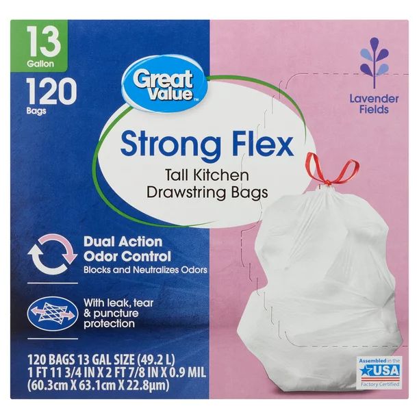 Great Value Strong Flex Tall Kitchen Trash Bags, 13 Gallon, 120 Bags (Lavender Fields, Dual Actio... | Walmart (US)