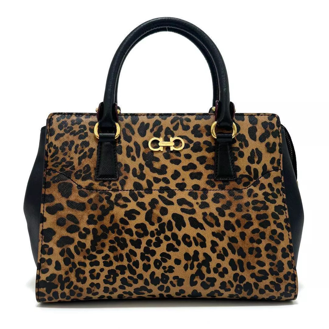 Ferragamo Women Bag Handbag Double Gancini Leopard Brown Black Limited Edition V | eBay US