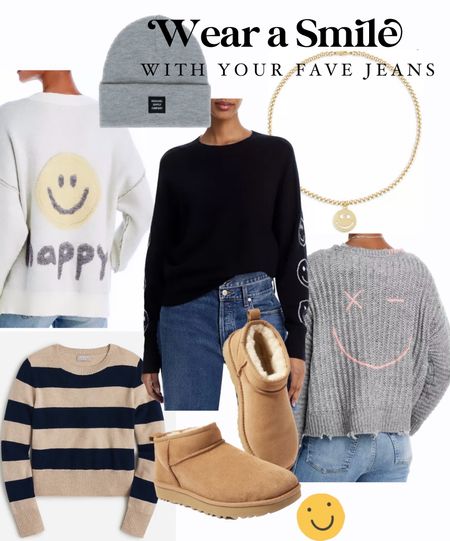Smiley face, sweaters, Uggs, accessories, Fall outfit, beanie, hat, Jcrew, boots

#LTKfindsunder100 #LTKstyletip #LTKover40