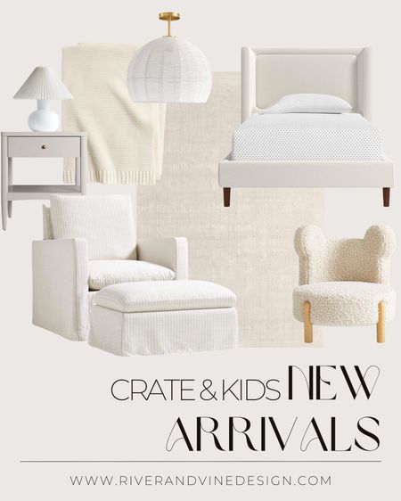 crate and kids new arrivals, light neutrals, light and bright nursery, twin bed, wingback twin bed, light wood nightstand, kids furniture, slipcovered glider, slipcovered ottoman, childrens chair, boucle chair, light wood, neutral area rug, wool area rug, soft blankets, woven light fixtures, bamboo light fixture, brass lighting, summer furniture, summer new arrivals

#LTKstyletip #LTKFind #LTKhome