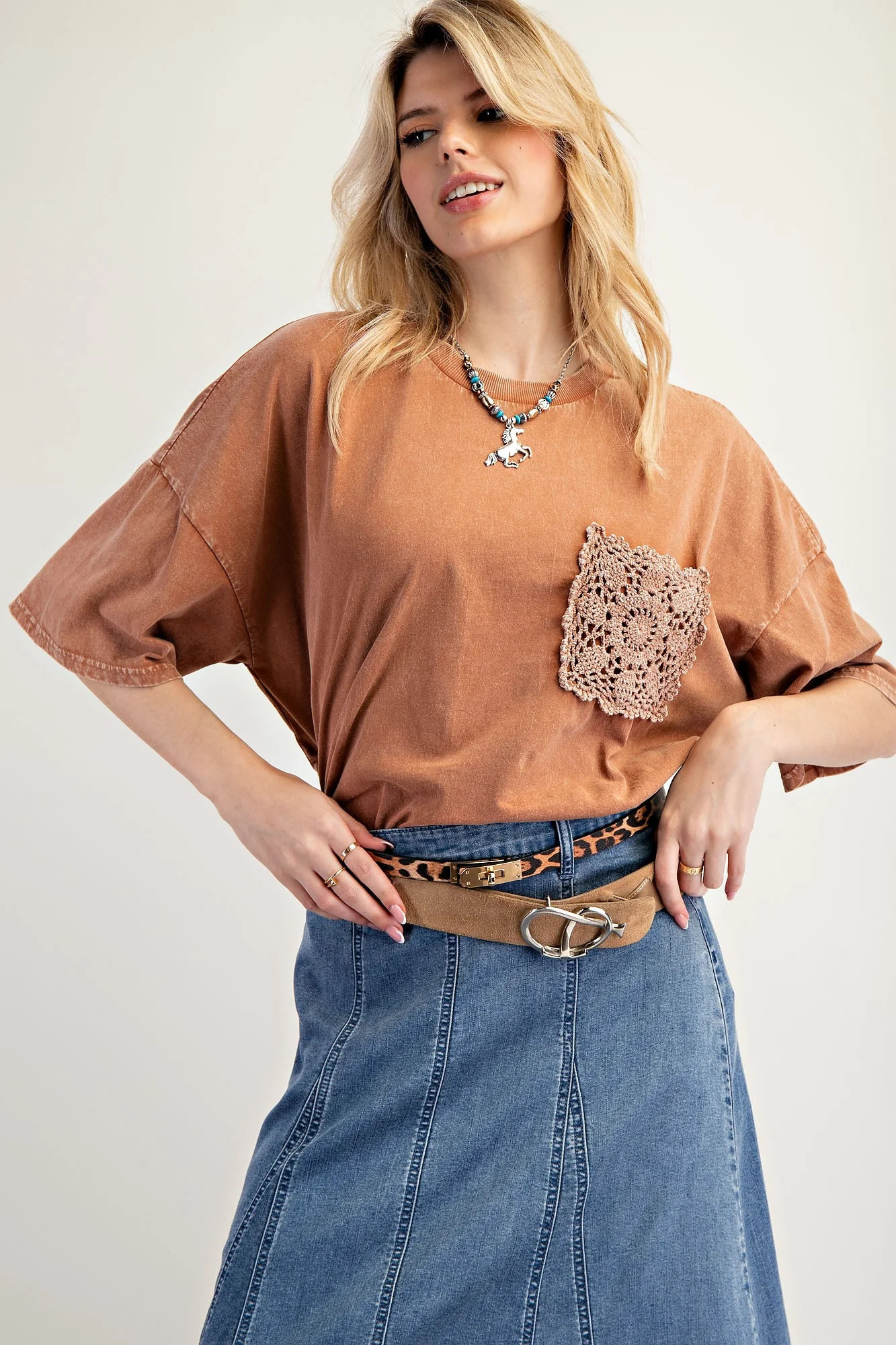 Brown Mineral Wash Crochet Pocket Top | PinkBlush Maternity