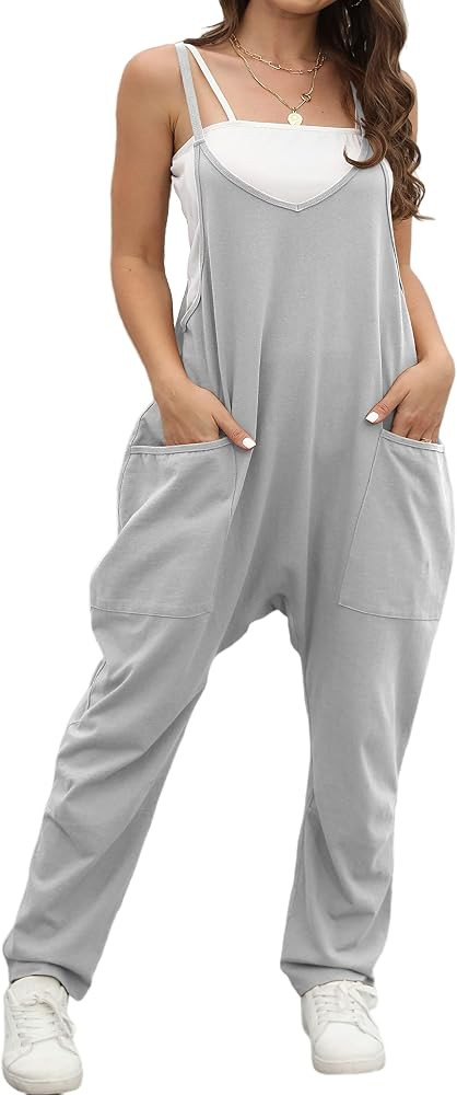 OUFEIYA Womens Casual Sleeveless Adjustable Strap Loose Solid Jumpsuits Baggy Stretchy Long Pant Rom | Amazon (US)