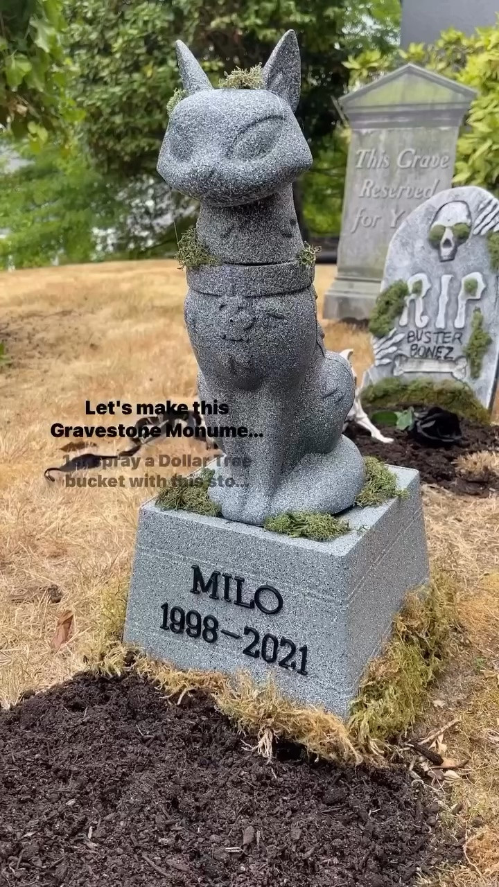 DIY outdoor Halloween decor — a haunted pet cemetery monument made from a Dollar Tree storage bucket and plastic cat decor 🖤💀
 
Stone-textured spray paint makes this bucket look like real carved stone.
Steps:
🪣 Spray paint a grey Dollar Tree bucket with stone spray
🪣 Add moss to cover the handle holes
🪣 Use letter-board letters (paint or stickers) to add a name and dates
🪣 Spray paint the cat decor with stone spray
🪣 Glue the cat to the bucket
🪣 Add moss to age the cat
🪣 Add a dirt patch and cat skeleton in front of the monument

#LTKSeasonal #LTKHome