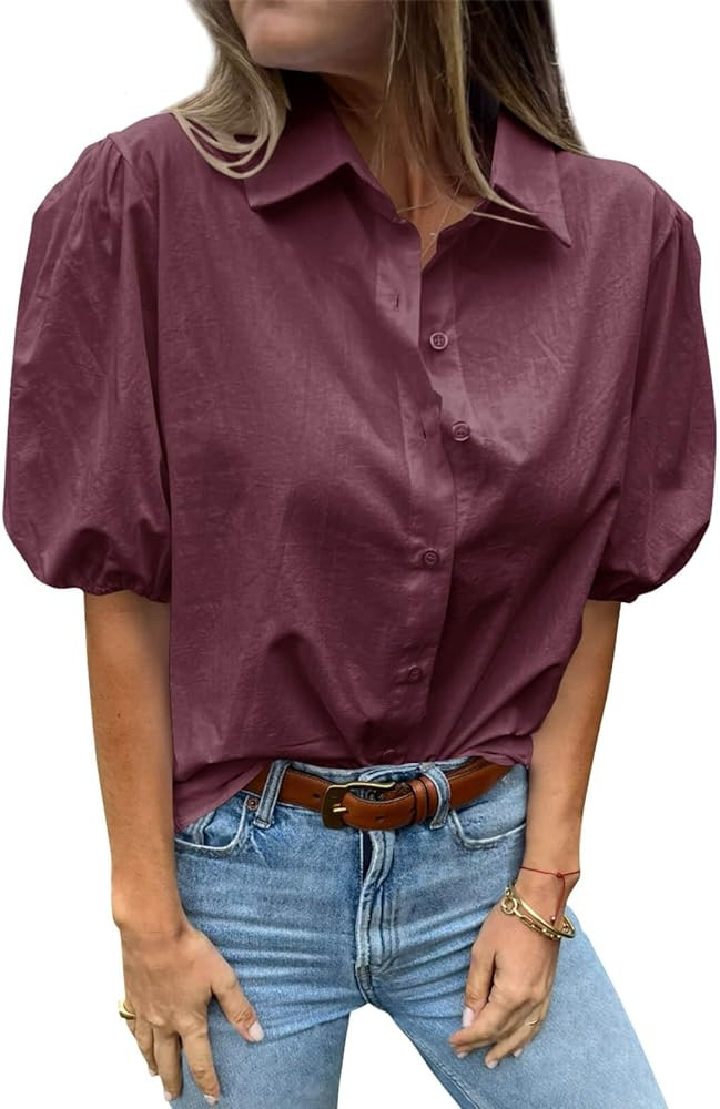 Tankaneo Women's Button Down Shirts Short Puff Sleeve Collared Dressy Casual Blouse Tops | Amazon (US)