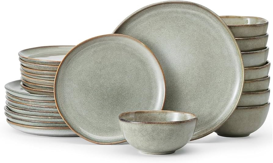 KINGSTONE Stoneware Dinnerware Sets, 24-Piece Reactive Glaze Porcelain Plates and Bowls Sets for ... | Amazon (US)
